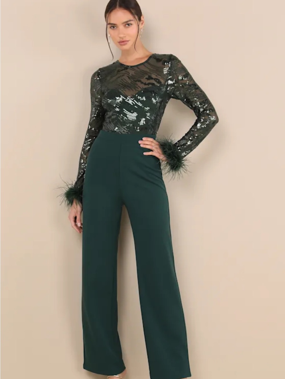 Lulu's Limitless Radiance Green Sequin Feather Long Sleeve Jumpsuit